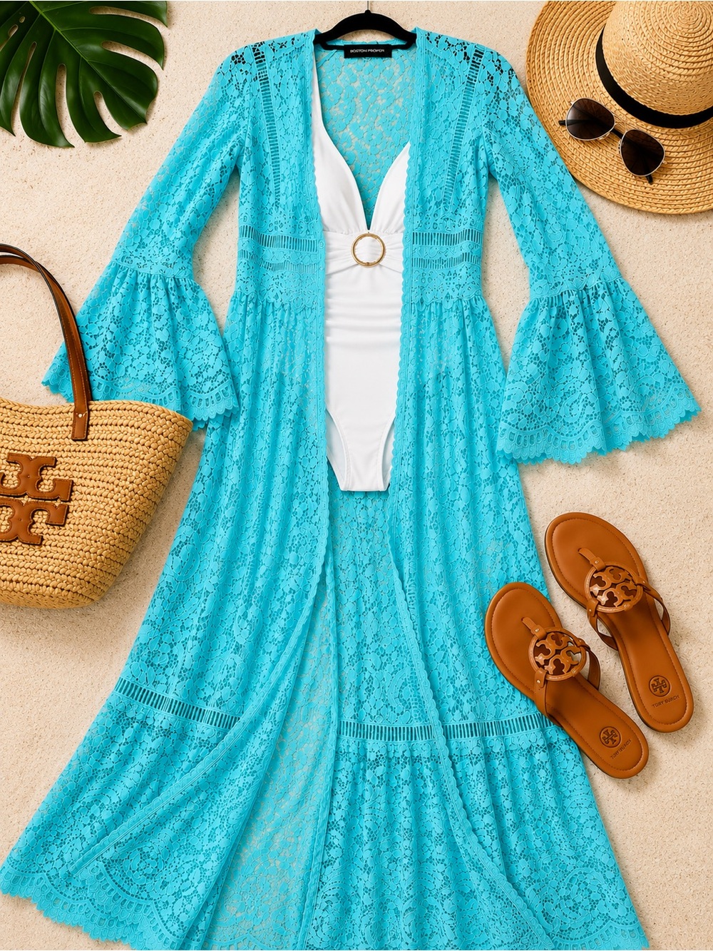 Boston Proper Aqua Lace Maxi Cover-Up – Bell Sleeve Swim Coverup Size Small NWT